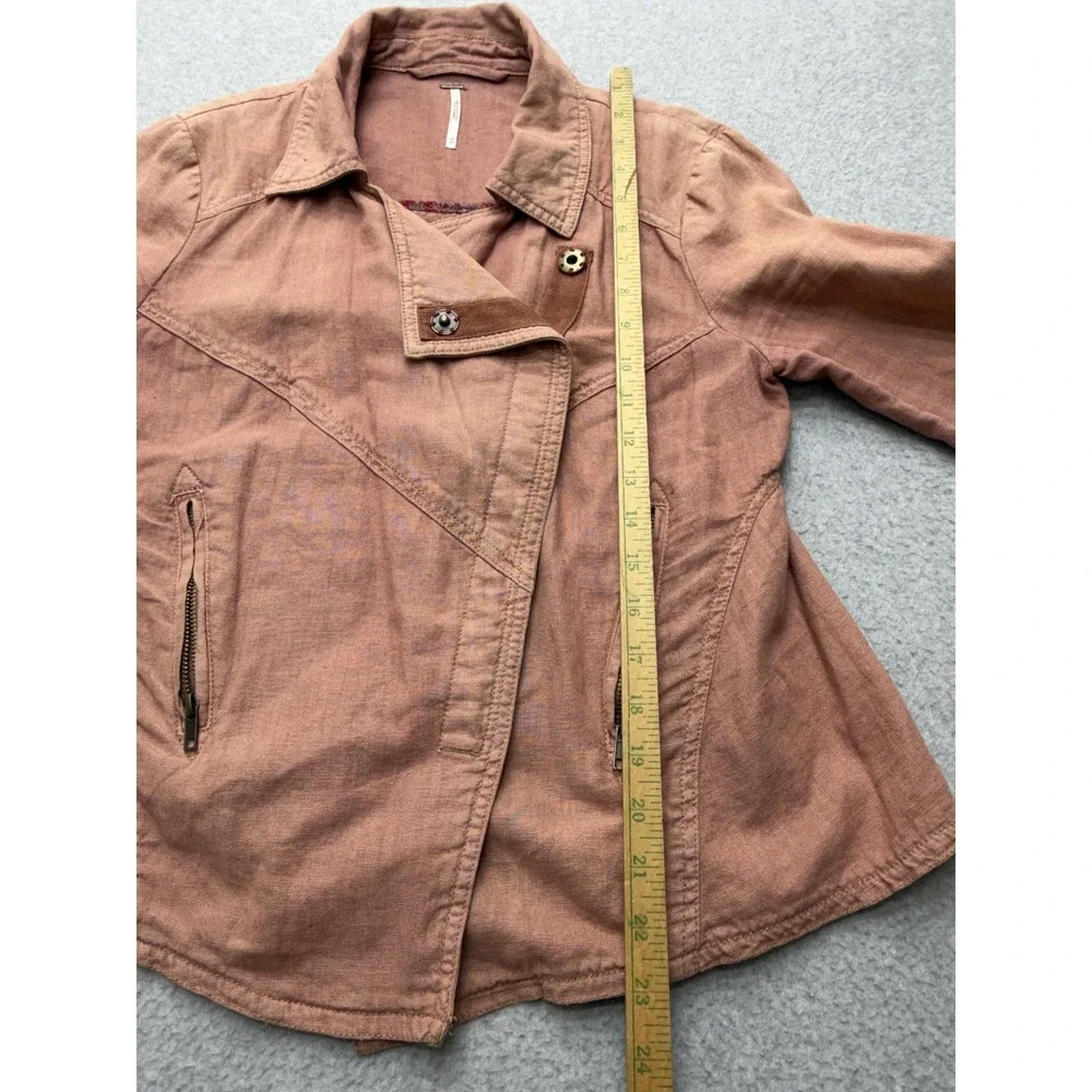 Free People Jacket Womens XS Pink Linen Blend Moto Asymmetrical Zip Biker Canvas
